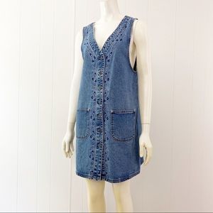Vtg Mini Denim Dress Button Down Jumper Medium